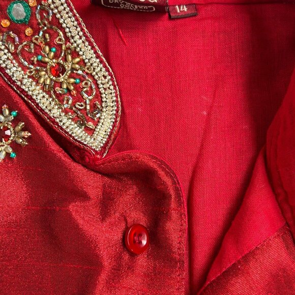 Vintage Satellite Mens Red Embellished Long Kurta Size 14 Long Sleeve Pockets - Picture 6 of 14